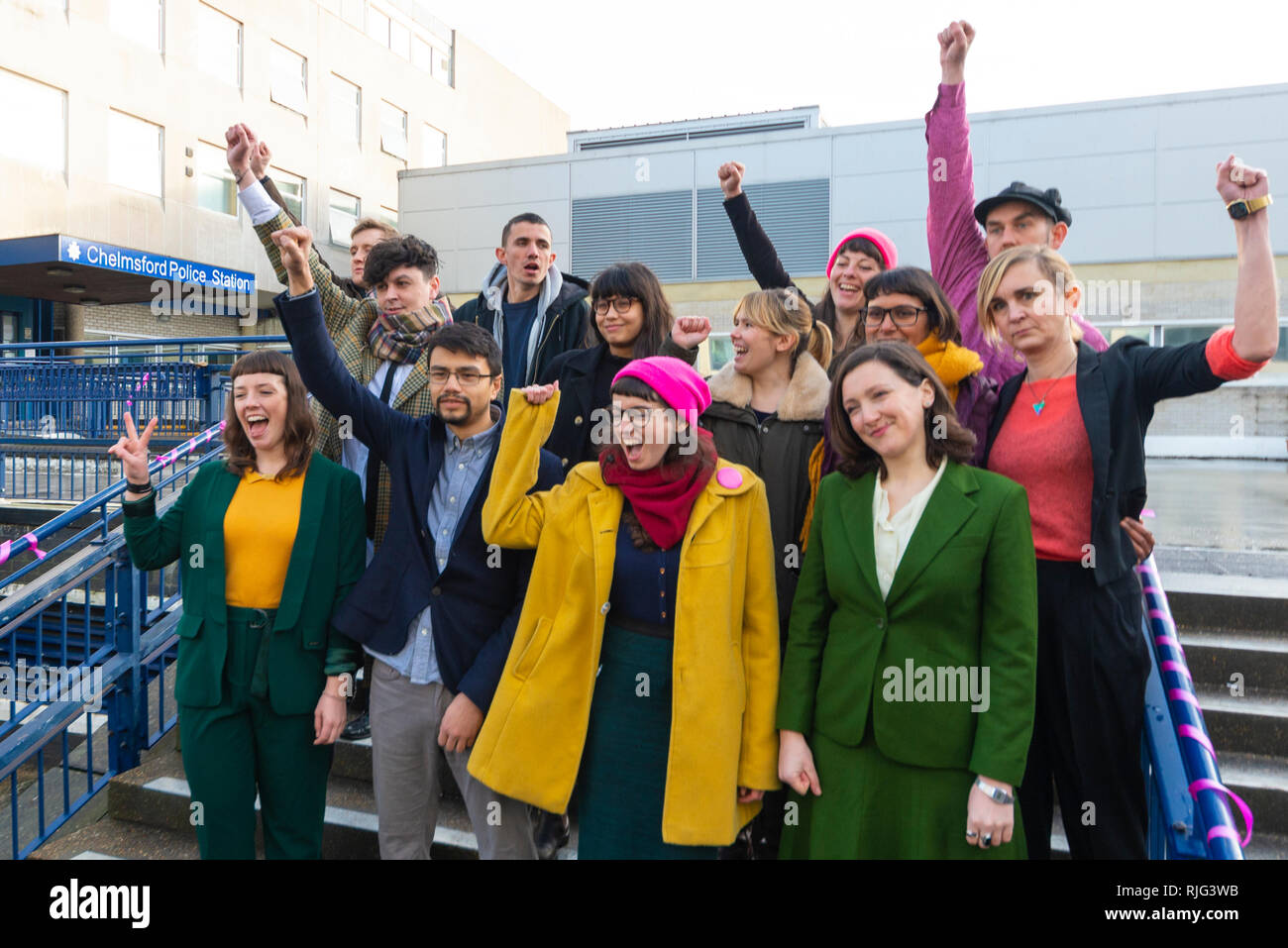 The sentencing of 15 protesters who blocked a deportation flight and disrupted operations at Stansted Airport on 28 March 2017 has taken place at Chelmsford Crown Court and they have avoided jail sentences. Protesters had gathered outside the court demonstrating against their convictions Stock Photo