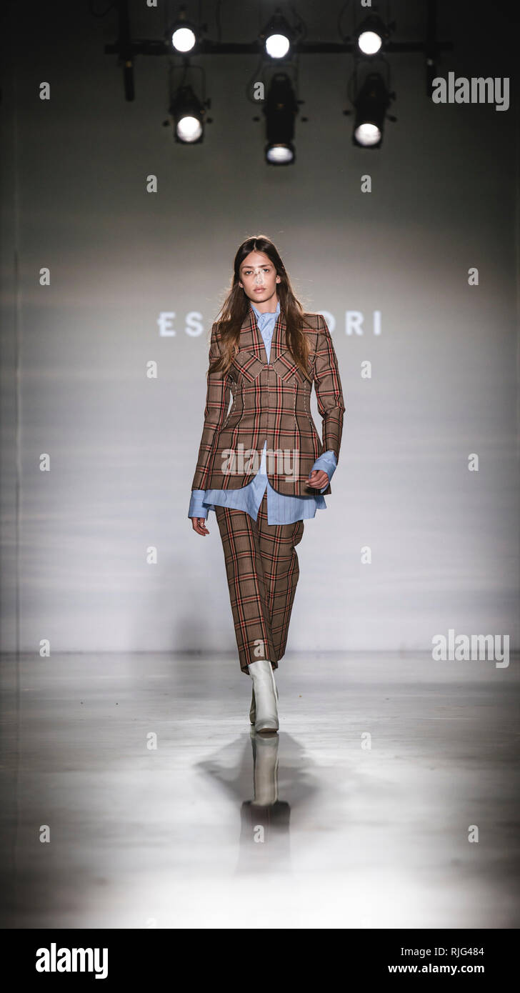 Barcelona, Spain. 6th Feb, 2019. A model walks the runway at the Esau Yori fashion show presenting the new collection during 080 Barcelona Fashion Week Credit: Matthias Oesterle/Alamy Live News Stock Photo