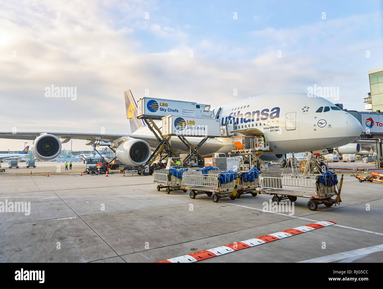 FRANKFURT, GERMANY - CIRCA MARCH 2016: Lufthansa Airbus A380 docked in Frankfurt Airport. Frankfurt Airport is a major international airport located i Stock Photo