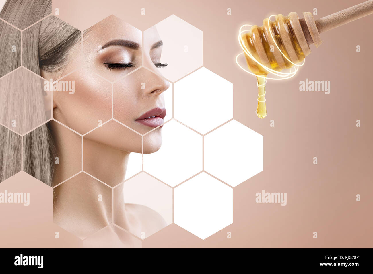 Young woman and honey spoon prepare for facial mask. Stock Photo
