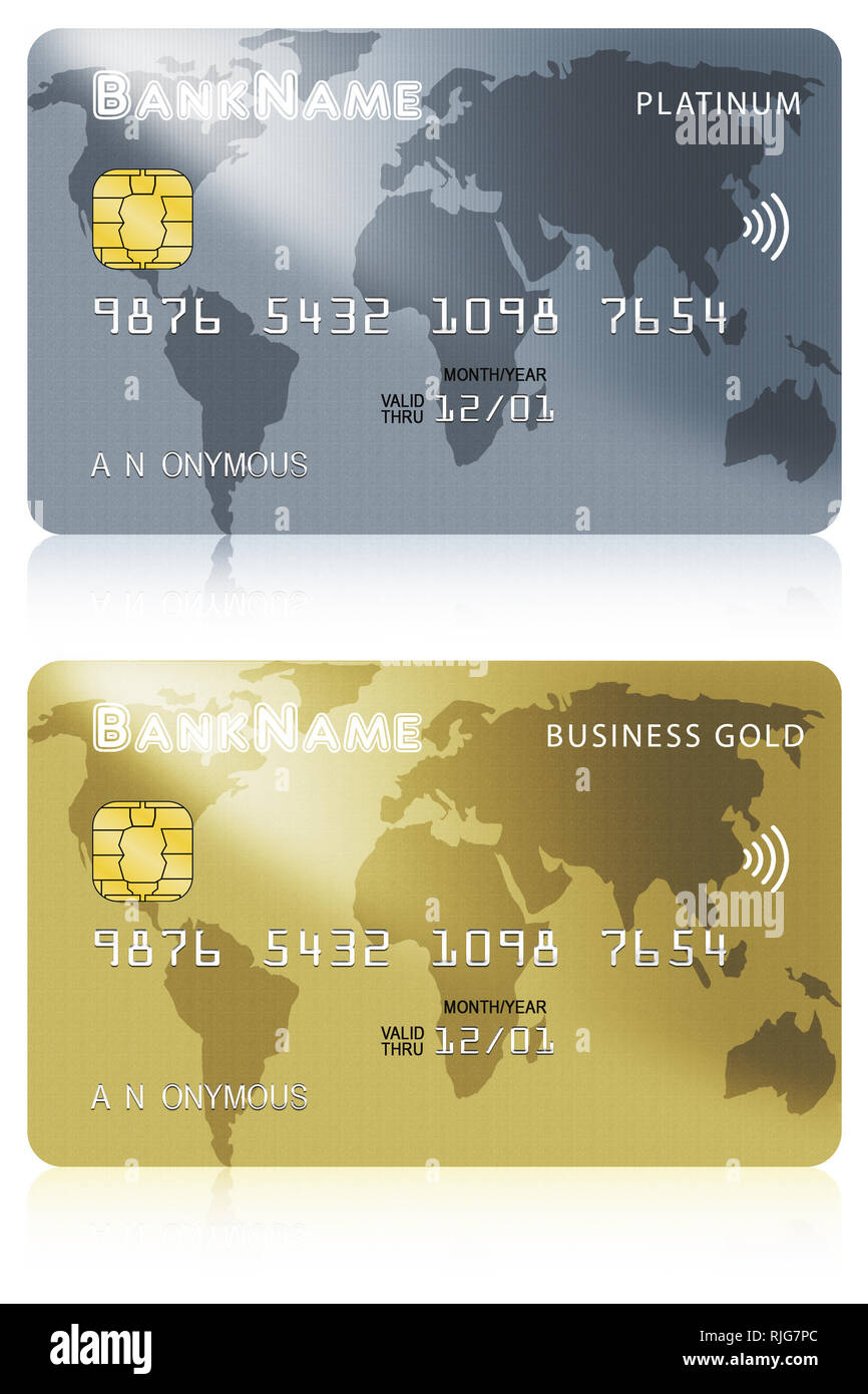 Two debit or credit card illustrations of platinum and business gold versions isolated over white background. Stock Photo
