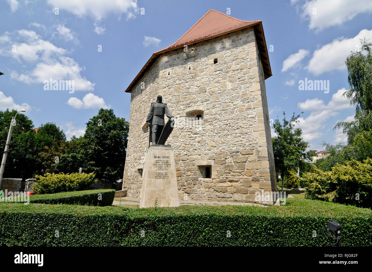 Tailors' Bastion and Baba Novac Statue. Cluj-Napoca, Romania Stock Photo