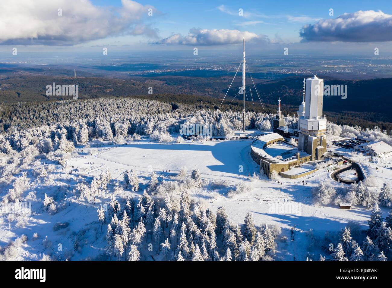 Drone shot, transmission mast of the Hessian radio, Grosser Feldberg in winter above the snowfall line, Hesse, Germany Stock Photo