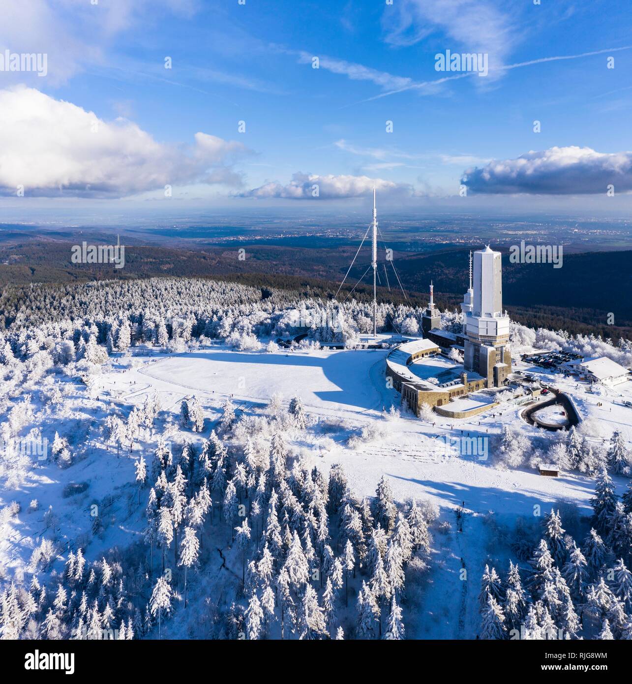 Drone shot, transmission mast of the Hessian radio, Grosser Feldberg in winter above the snowfall line, Hesse, Germany Stock Photo