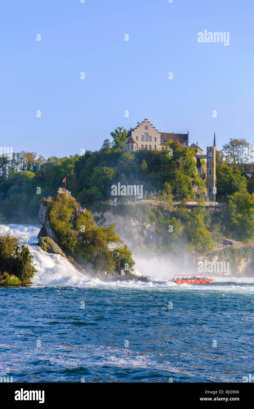 Tourist boat at the Rhine Falls with Schloss Laufen, near Schaffhausen, Canton Schaffhausen, Switzerland Stock Photo