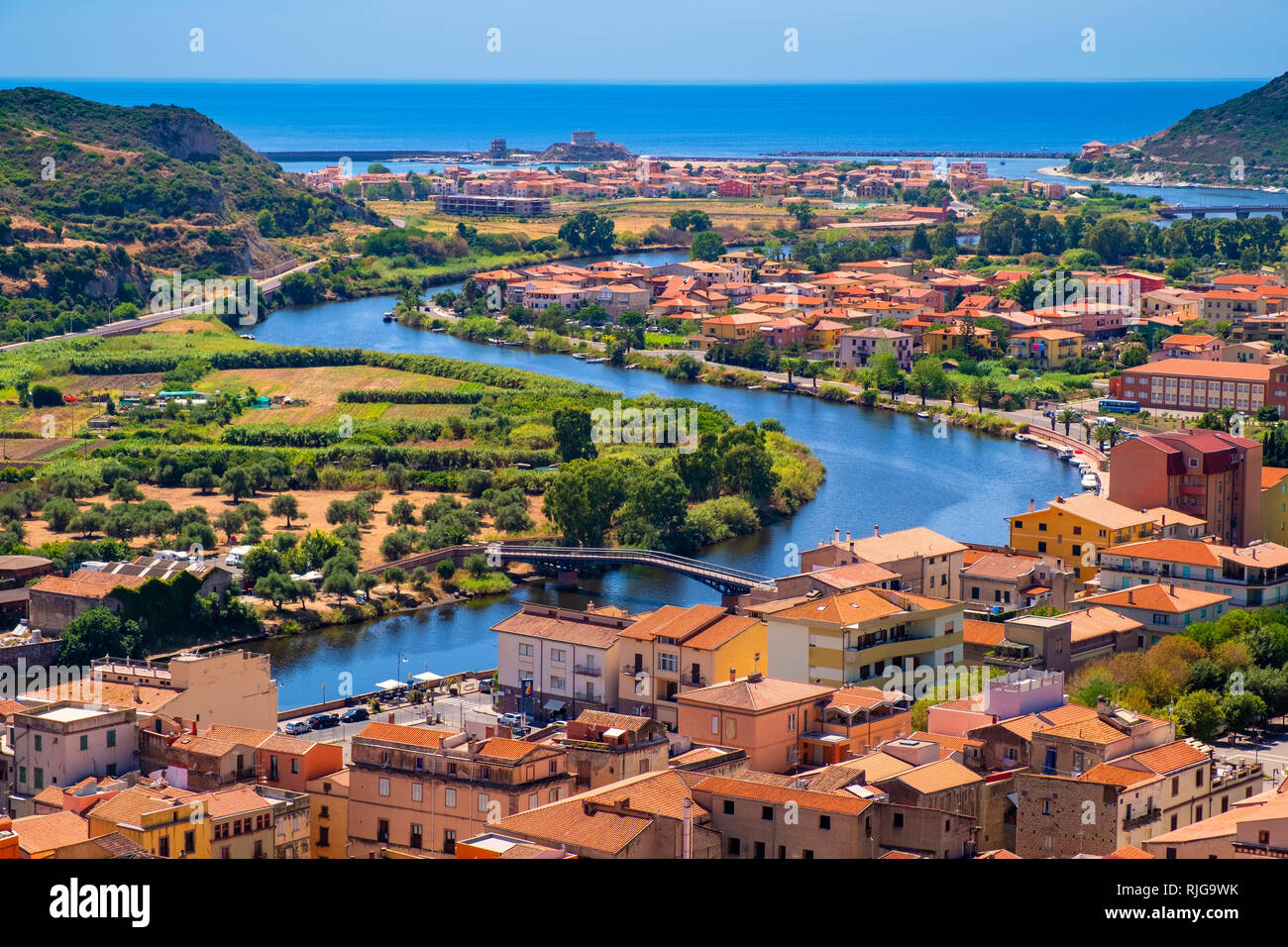 Bosa Sardinia Italy 18 08 13 Panoramic View Of The Town Of Bosa By The Temo River With Bosa Marina Resort At The Mediterranean Sea Coast Stock Photo Alamy