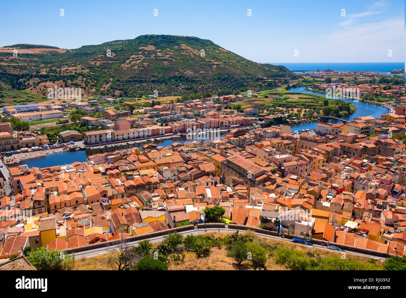 Bosa Sardinia Italy 2018 08 13 Panoramic View Of The Town Of Bosa By The Temo River With Bosa Marina Resort At The Mediterranean Sea Coast Stock Photo Alamy