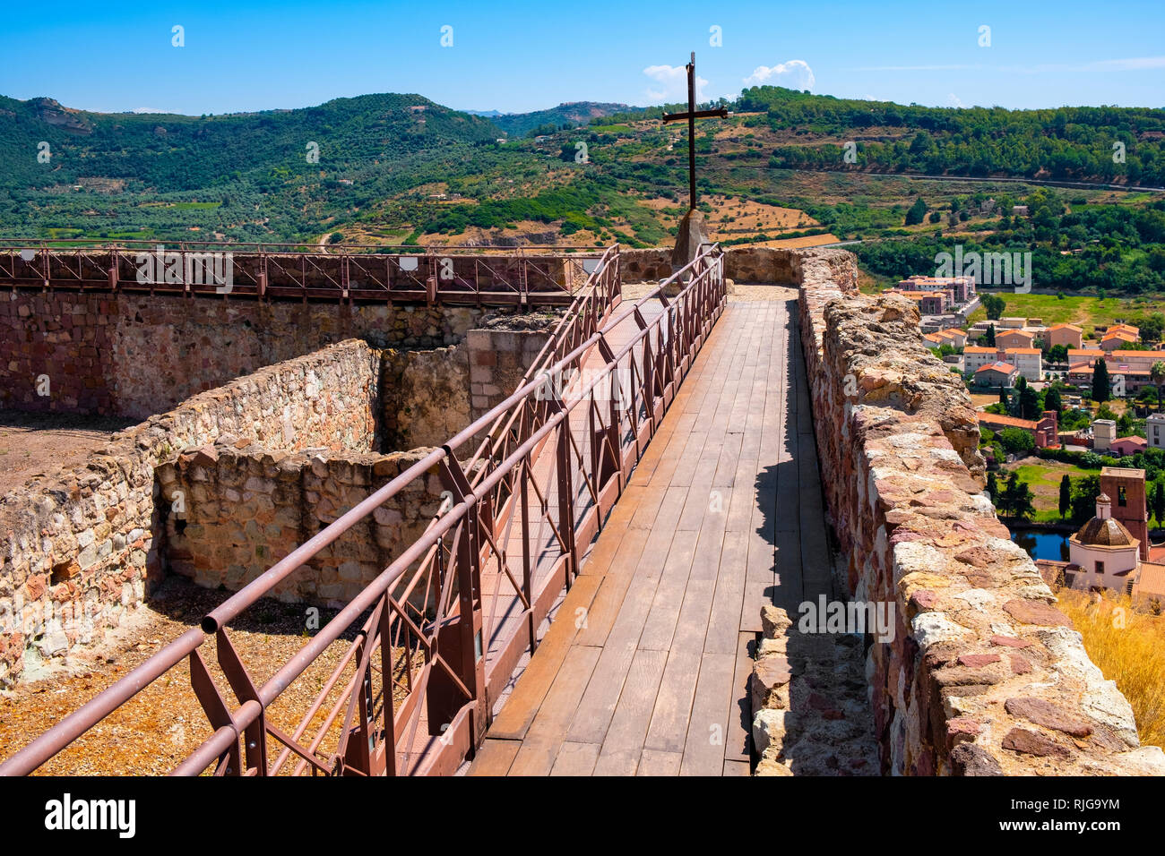 Bosa, Sardinia / Italy - 2018/08/13: Malaspina Castle, known also as Castle of Serravalle, with monumental historic defense walls and fortification Stock Photo