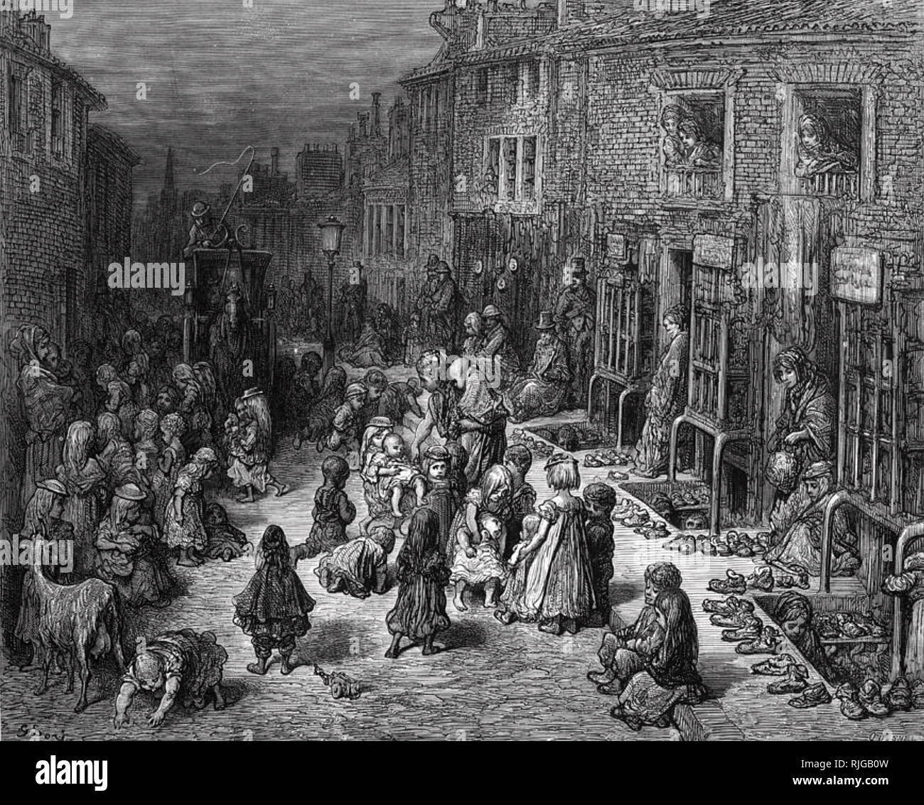 LONDON POOR  Gustave Dore's engraving of the slums in Dudley Street, Seven Dials, central London, in 1872 Stock Photo