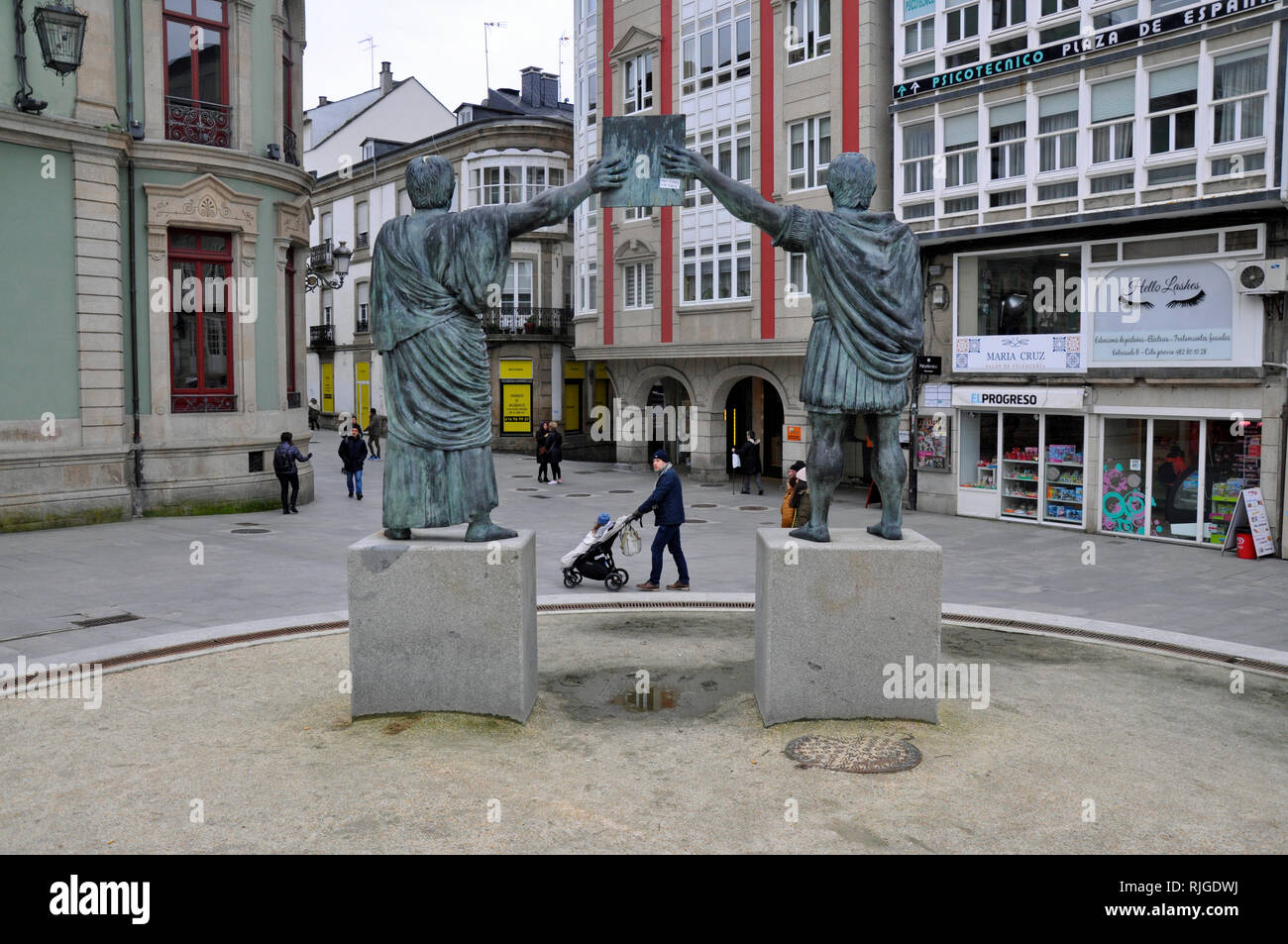Statues of Caesar Augustus and Fabius Maximus Paulo in Lugo's main square, a reminder that the city was founded by the Roman Empire. Stock Photo