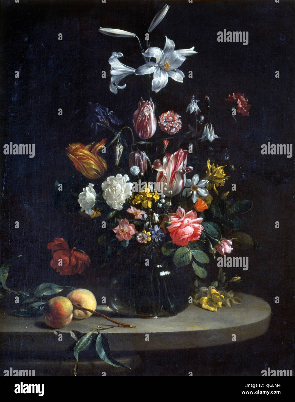 Still life: Bouquet of flowers, in a glass vase. By Jan Olis (1610–1676) was a Dutch Golden Age painter Stock Photo