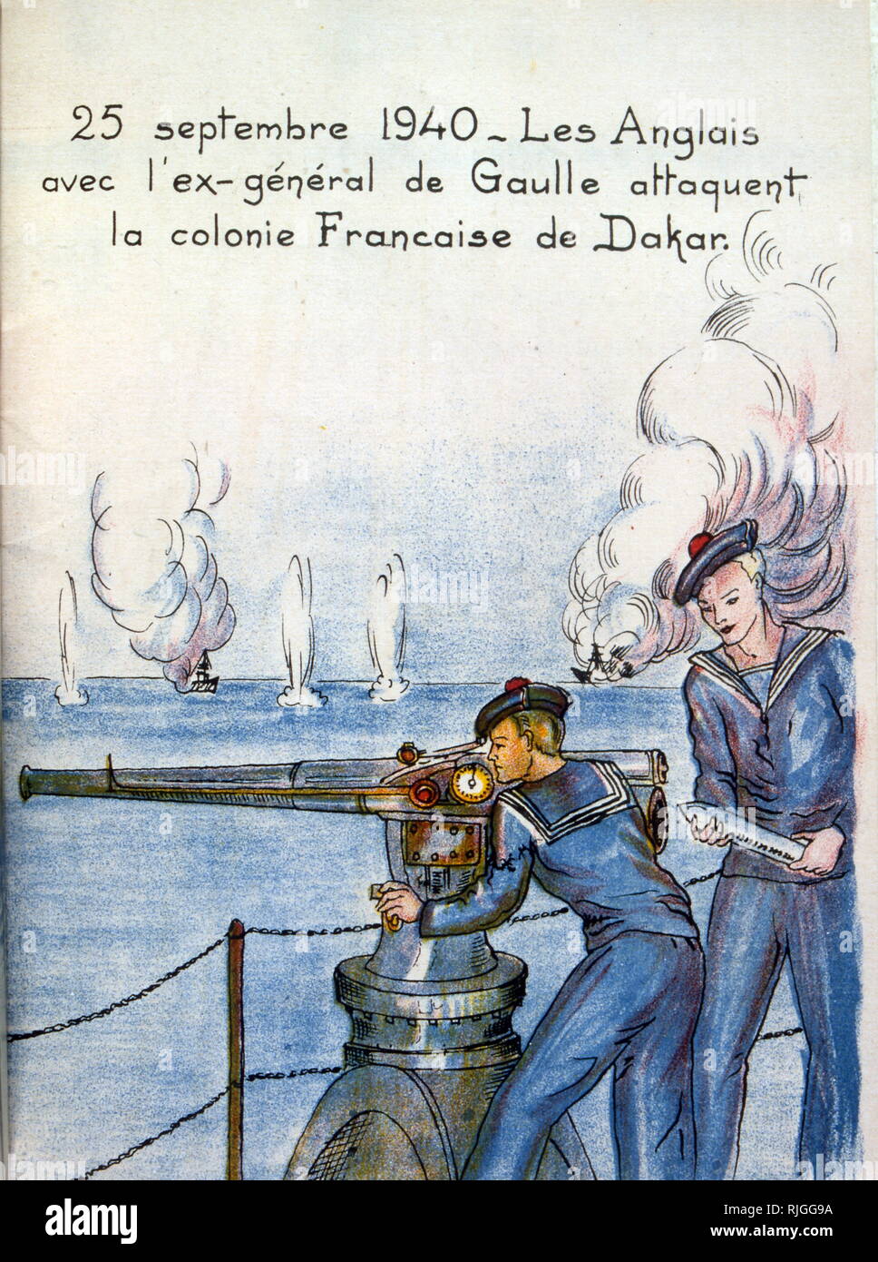 French occupation propaganda illustration showing Free French and British forces attempt a landing at Dakar, French West Africa; Vichy French naval forces open fire sporadically for two days, and the expedition is called back. 1940 Stock Photo