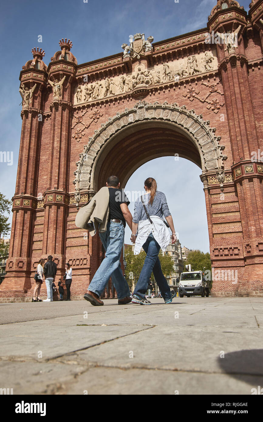 Tourist people walking on the street in Barcelona of Spain, in front of ...