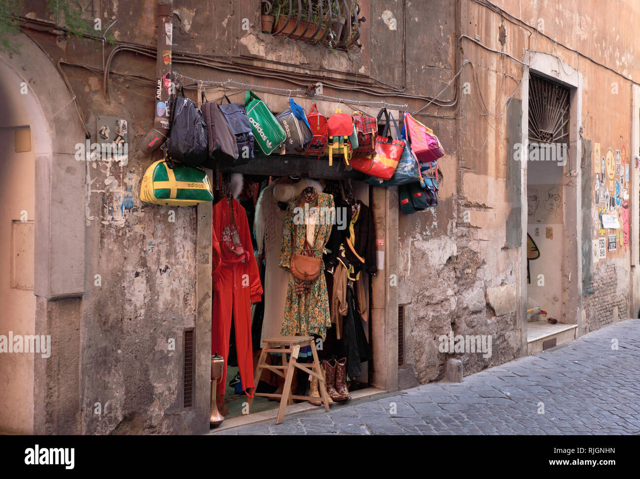 small second hand shop in a side street, Campo de fiori, Rome, Italy Stock Photo