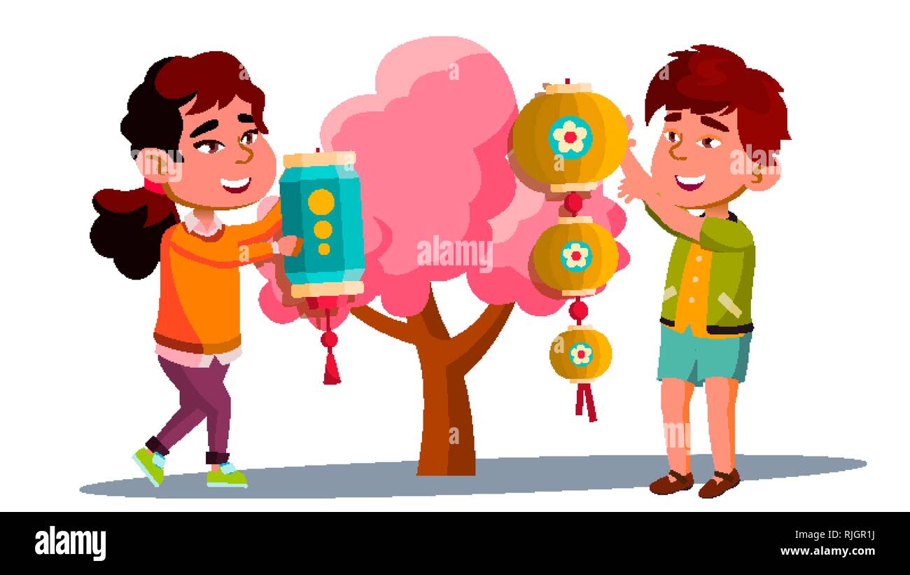 Asian Little Boy And Girl Hanging Chinese Red Lantern On Tree Vector