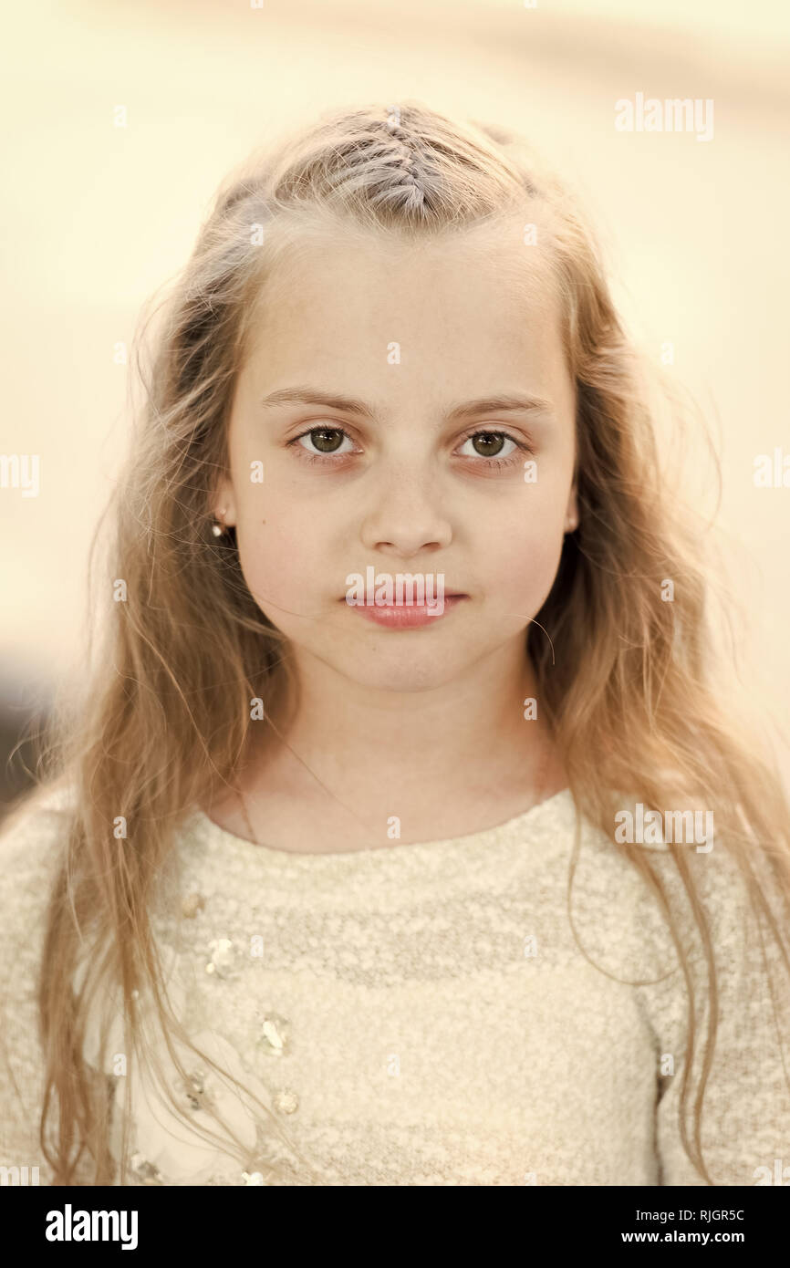 Girl With Long Hair On Calm Face Light Background Kid Girl Long