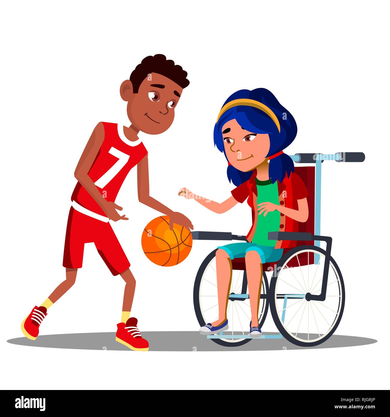 Asian Girl In Wheelchair With Afro American Boy Playing Basketball Together Vector. Isolated Illustration Stock Vector