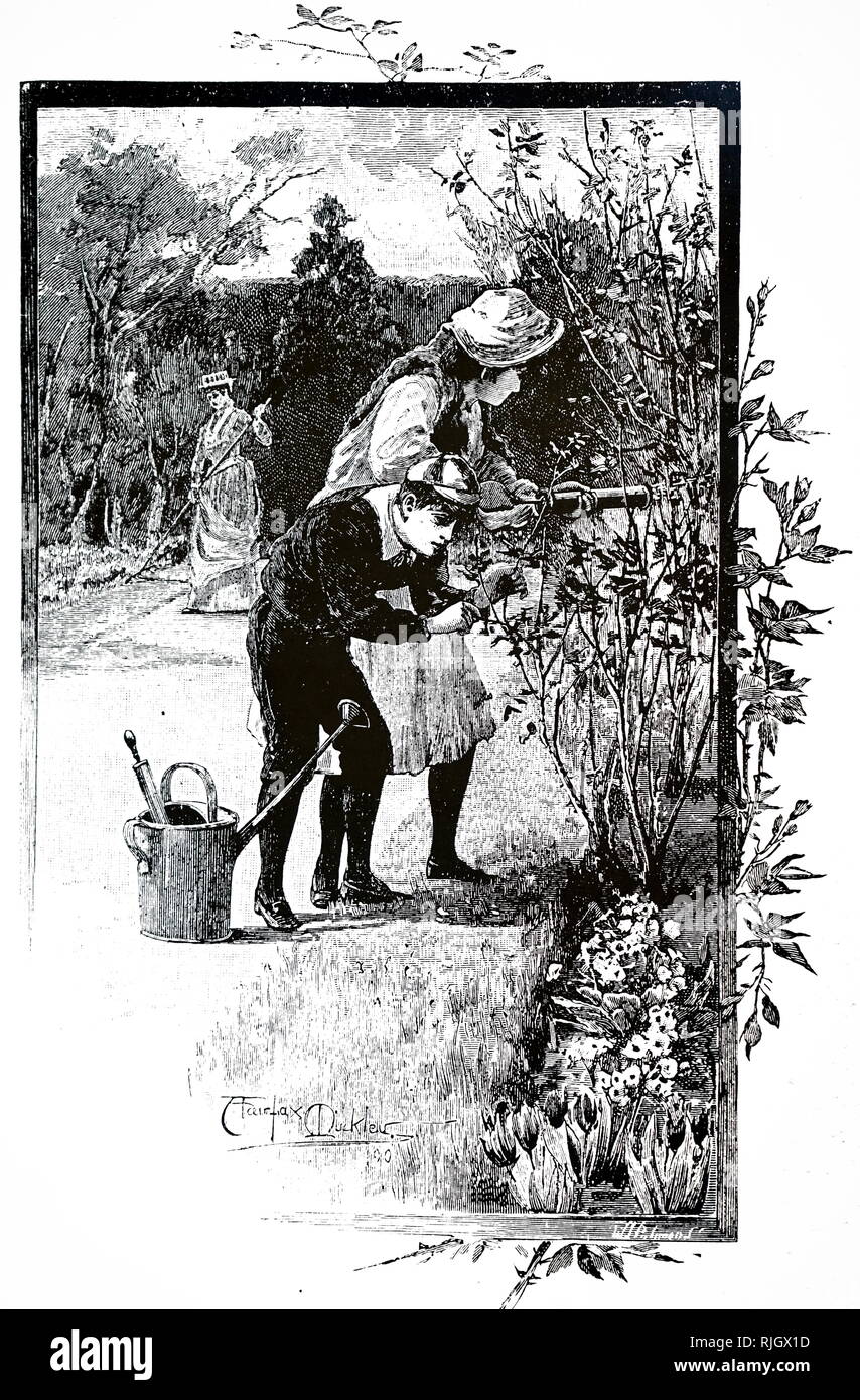 An engraving depicting children using syringes to spray roses with a