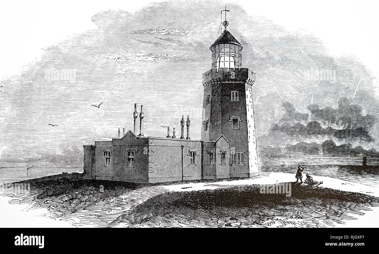 An engraving depicting South Foreland Lighthouse, a Victorian lighthouse on the South Foreland in St. Margaret's Bay, Dover, Kent, used to warn ships approaching the nearby Goodwin Sands. Dated 19th century Stock Photo