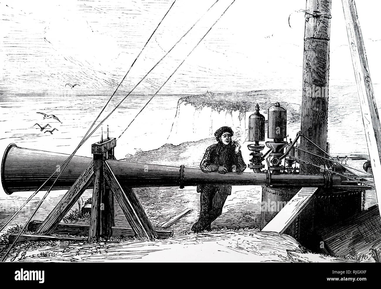 An engraving depicting a fog horn used to warn ships. Dated 19th