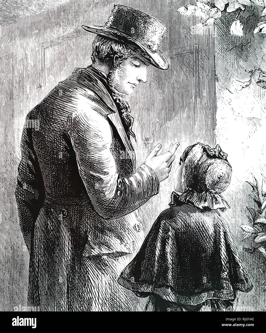 An engraving depicting a man wearing a beaver hat speaking with a little girl wearing a bonnet and shawl. Dated 19th century Stock Photo
