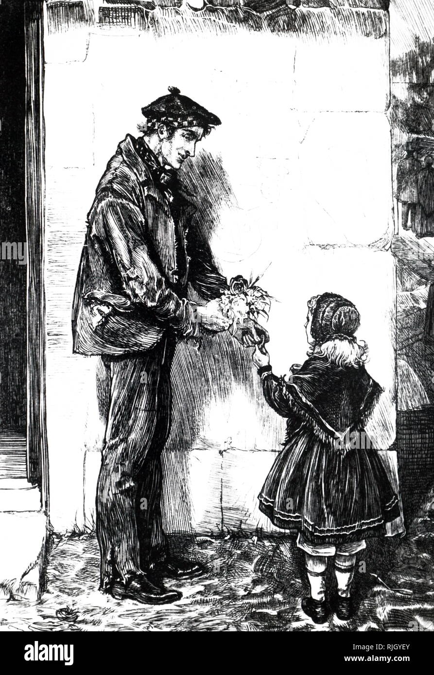 An engraving depicting a man wearing a beaver hat speaking with a little girl wearing a bonnet and shawl. Illustrated by William Small (1843-1929) a Scottish artist. Dated 19th century Dated 19th century Stock Photo