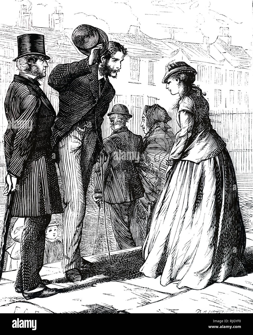 An engraving depicting a gentleman with a top hat and cane walking alongside his wife. Dated 19th century Stock Photo
