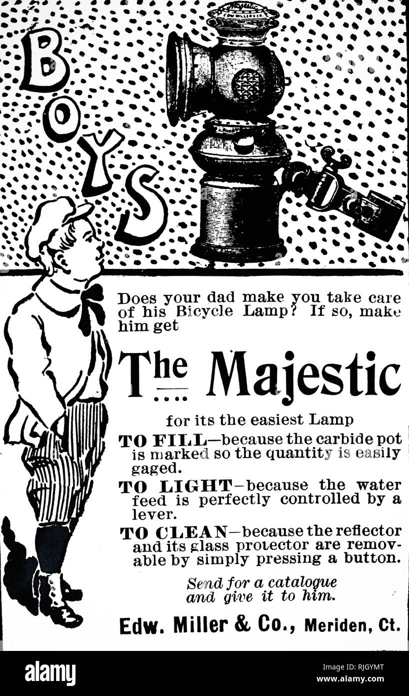 An advertisement for an acetylene bicycle lamp. A Carbide lamp, or acetylene gas lamps, are simple lamps that produce and burn acetylene (C2H2) which is created by the reaction of calcium carbide (CaC2) with water. Dated 20th century Stock Photo