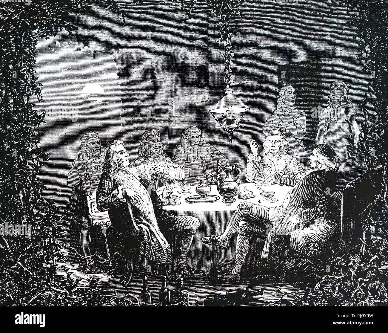 An engraving depicting an artist's impression of a meeting of the Lunar Society at Heathfield. Dated 19th century Stock Photo