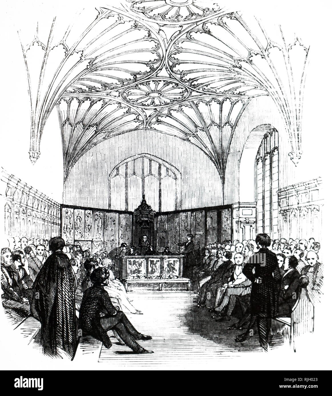 An engraving depicting a meeting of the Geological Section of the British Association in the Convocation House, Oxford. Dated 19th century Stock Photo