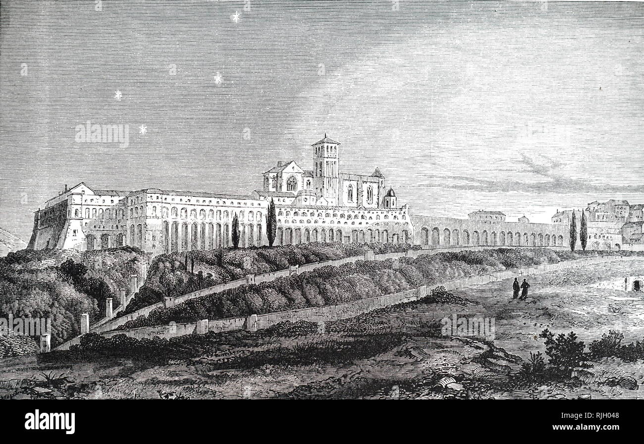 An engraving depicting the Sacred Convent of St Francis, Assis - Umbria. Building began after the canonisation of St Francis in 1228. Dated 19th century Stock Photo