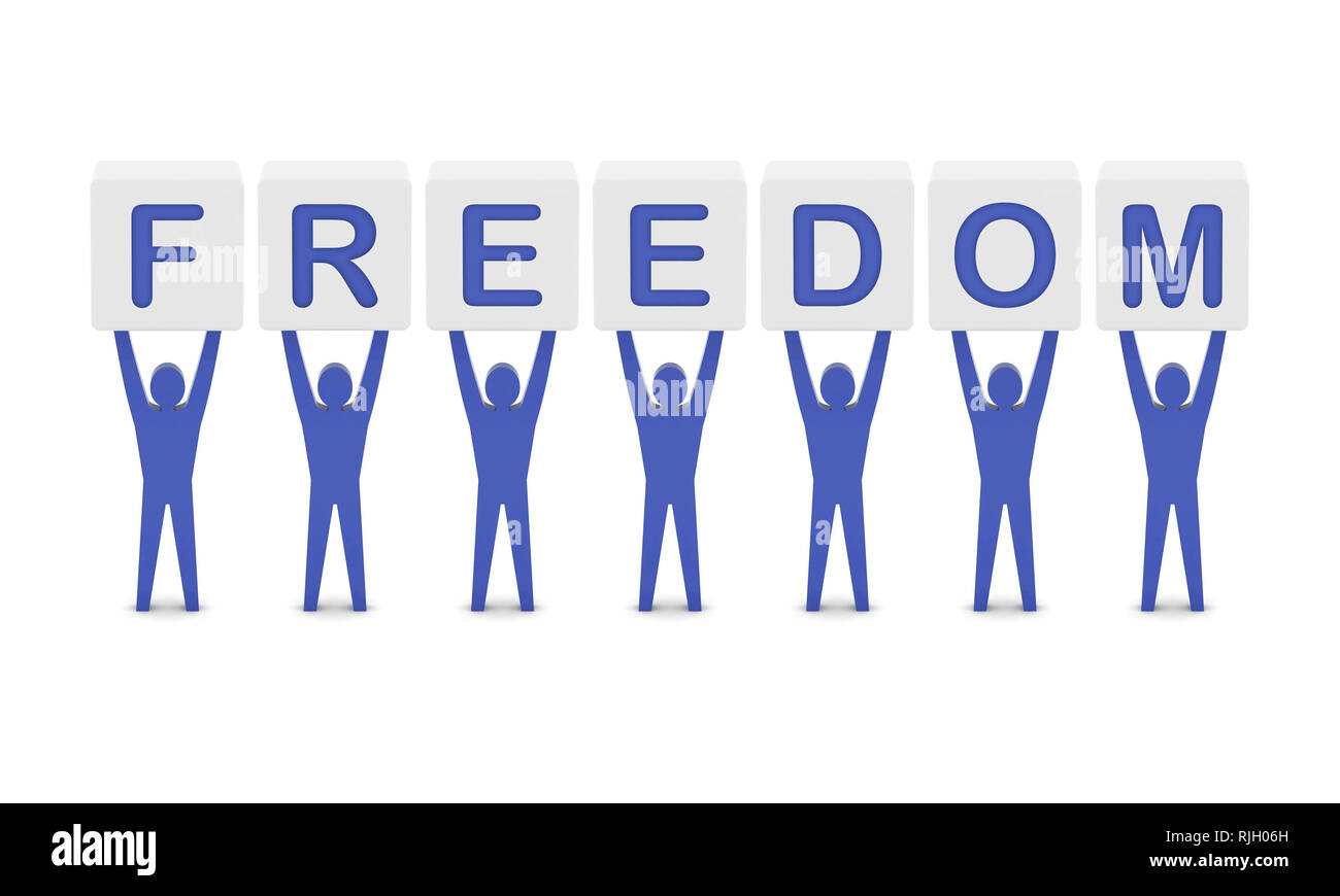 Men holding the word freedom. Concept 3D illustration Stock Photo Alamy