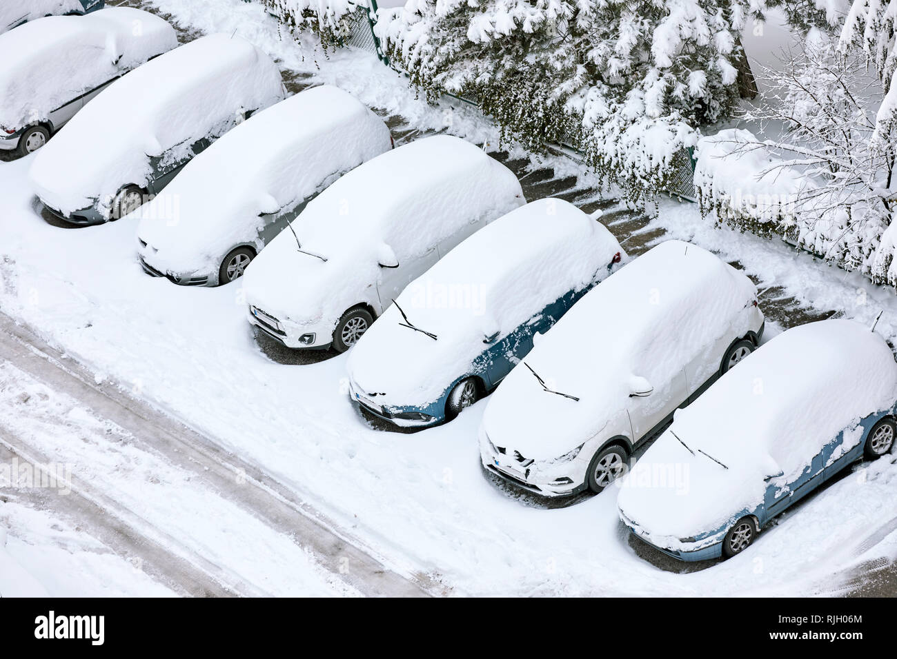 Cars covered with snow with their windshield wipers lifted in a parking