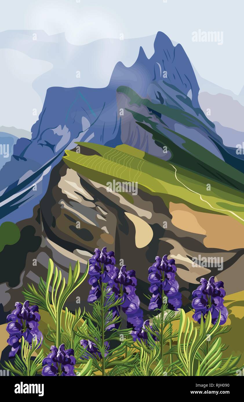 Lavender and mountains hills Vector illustration. Nature background Stock Vector