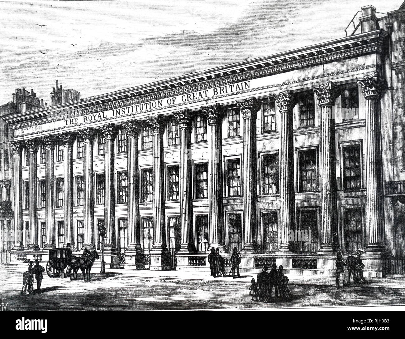 An engraving depicting the exterior of the Royal Institution of Great Britain, an organisation devoted to scientific education and research. Dated 19th century Stock Photo