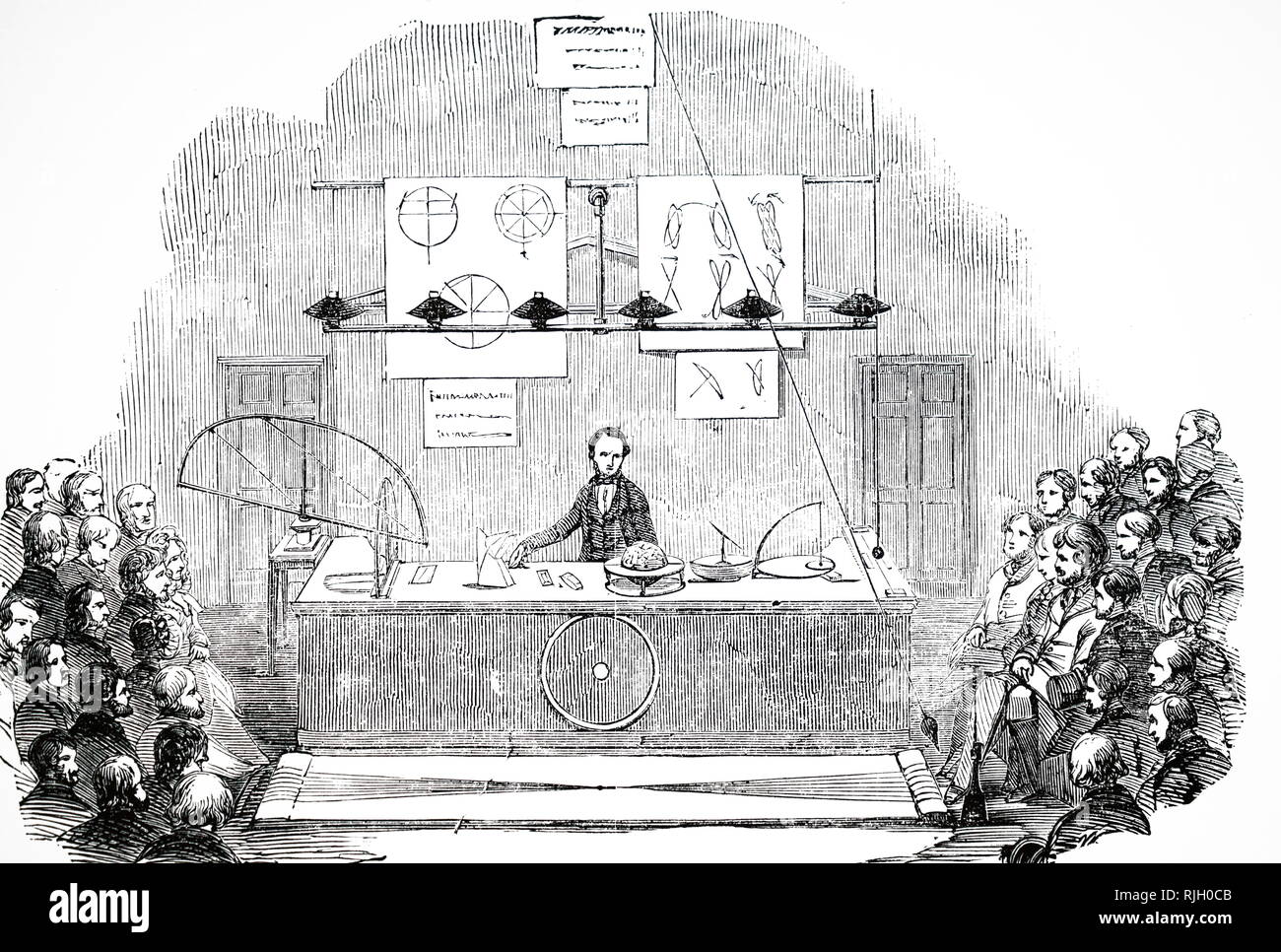 An engraving depicting Professor Baden Powell giving a Friday Evening Discourse at The Royal Institution of Great Britain on the rotation of the Earth. Dated 19th century Stock Photo