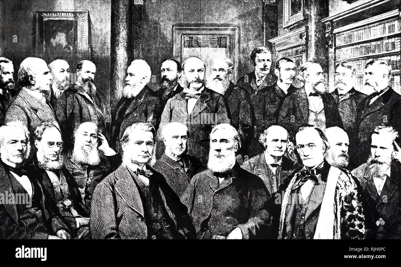 An engraving depicting a group portrait of some of the distinguished Fellows of the Royal Society. Back row left to right: G.H. Darwin, Francis Galton, W. T. Thiselton Dyer, R. H. Scott, William Huggins, W. H. Preece, Lord Rayleigh, John Evans, E. Ray Lankester, W. H. M. Christie, Edward Frankland, Norman Lockyer, A. W. Williamson. Front row left to right: Gabriel Stokes, Joseph Hooker, J. J. Sylvester, T. H. Huxley, Archibald Geikie, John Tyndall, Arthur Cayley, Richard Owen, W. H. Flower, William Crookes. Dated 19th century Stock Photo