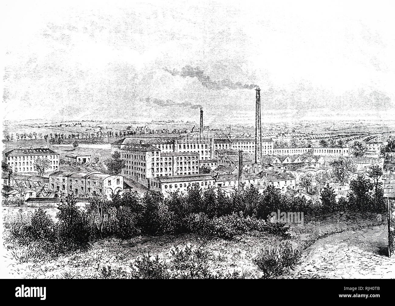 An engraving depicting the Bessbrook Mills and village. Developed in the mid-nineteenth century by a Quaker, John Grubb Richardson, the complex included a Meeting House, chapels, churches, dispensary, school, but no public house. Worker's cottages are visible in the background. Known as the Irish Saltaire. Dated 19th century Stock Photo