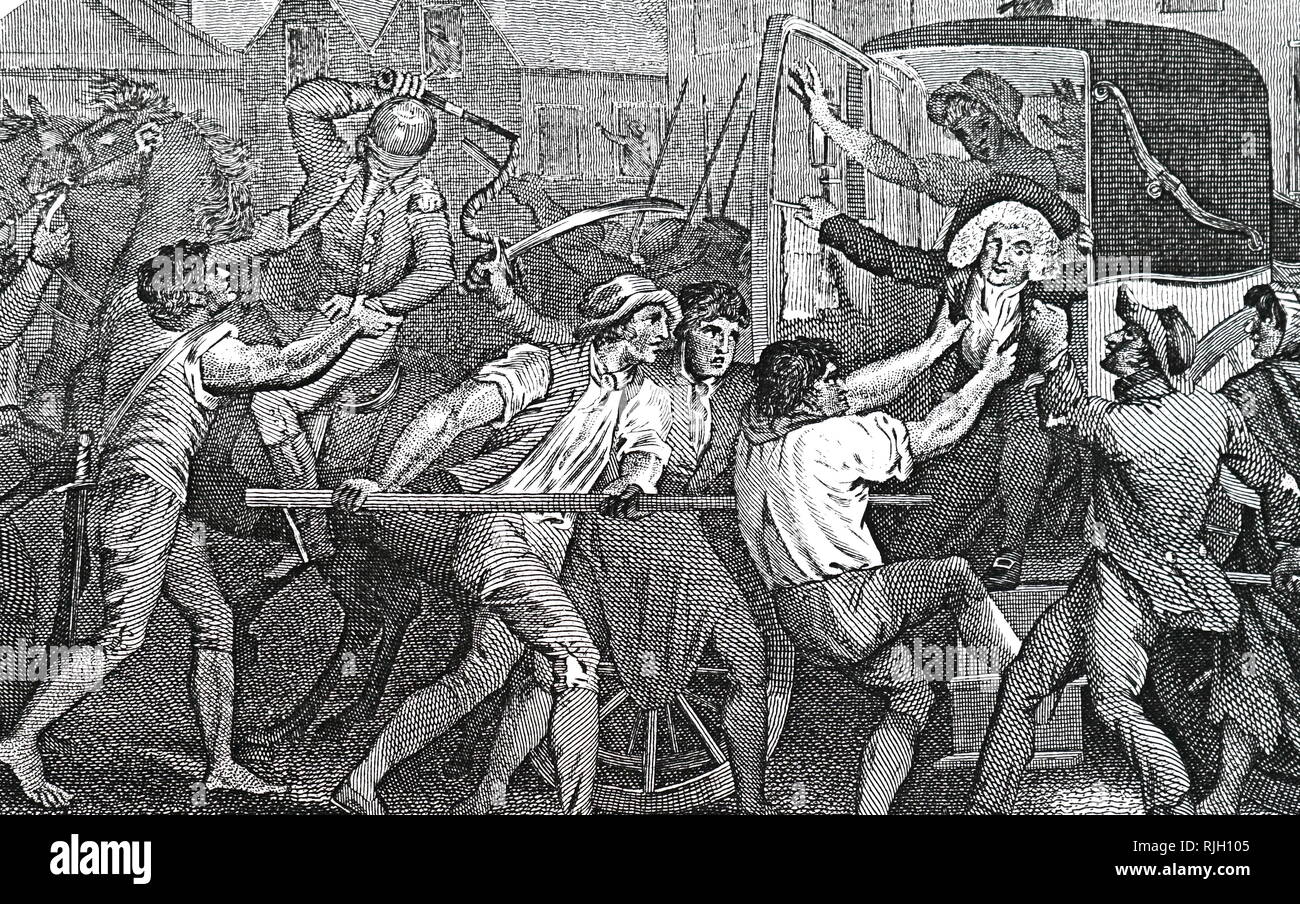 A copperplate engraving depicting the murder of Arthur Wolfe, 1st Viscount Kilwarden (1739-1803) an Irish peer, politician and judge. Dated 19th century Stock Photo