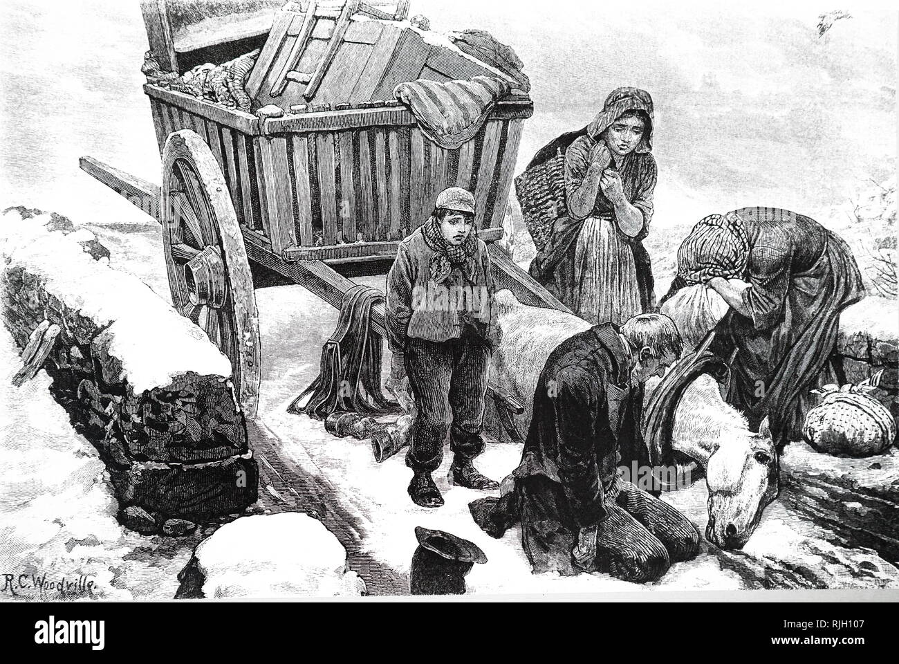 An engraving depicting an evicted, Irish, family, with their few possessions piled on their cart, stranded in the snow in the open countryside after their emaciated horse fallen dead in the shafts. Dated 19th century Stock Photo
