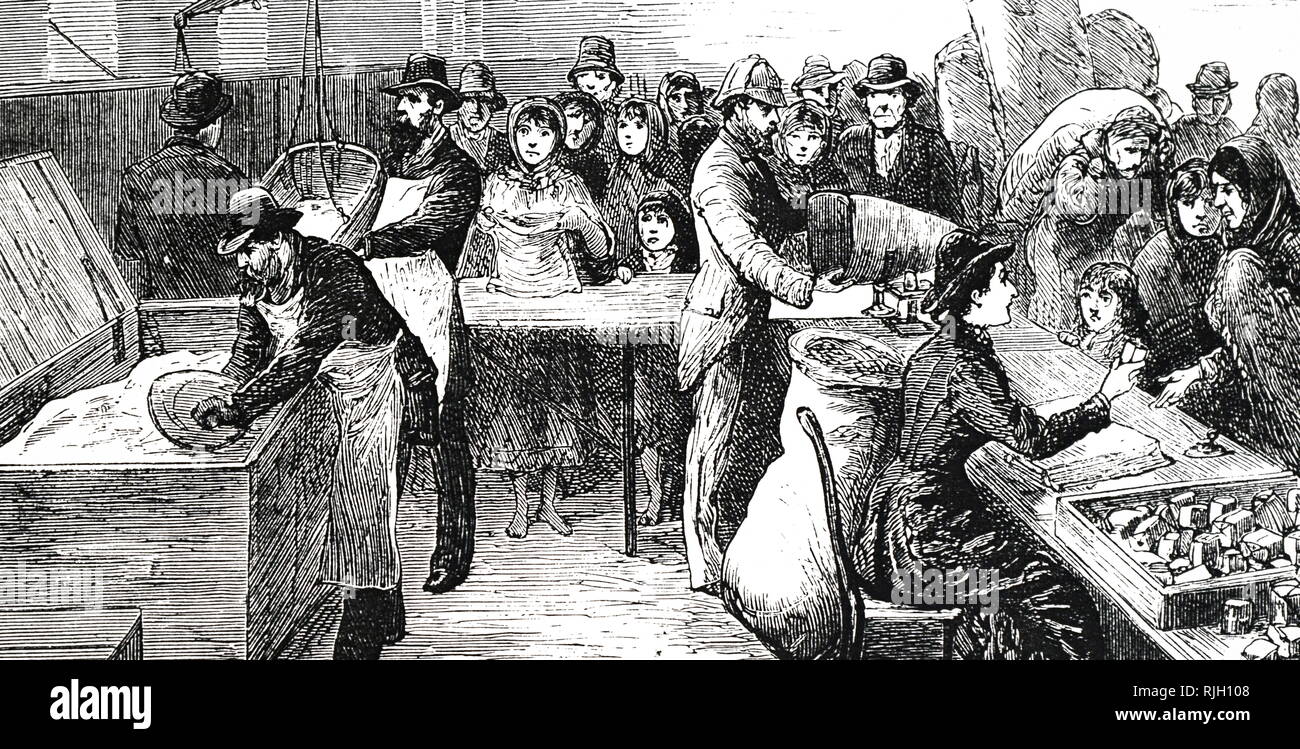 An engraving depicting famine in Ireland: Sir Henry and Lady Gore-Booth hand out food to the starving. Dated 19th century Stock Photo