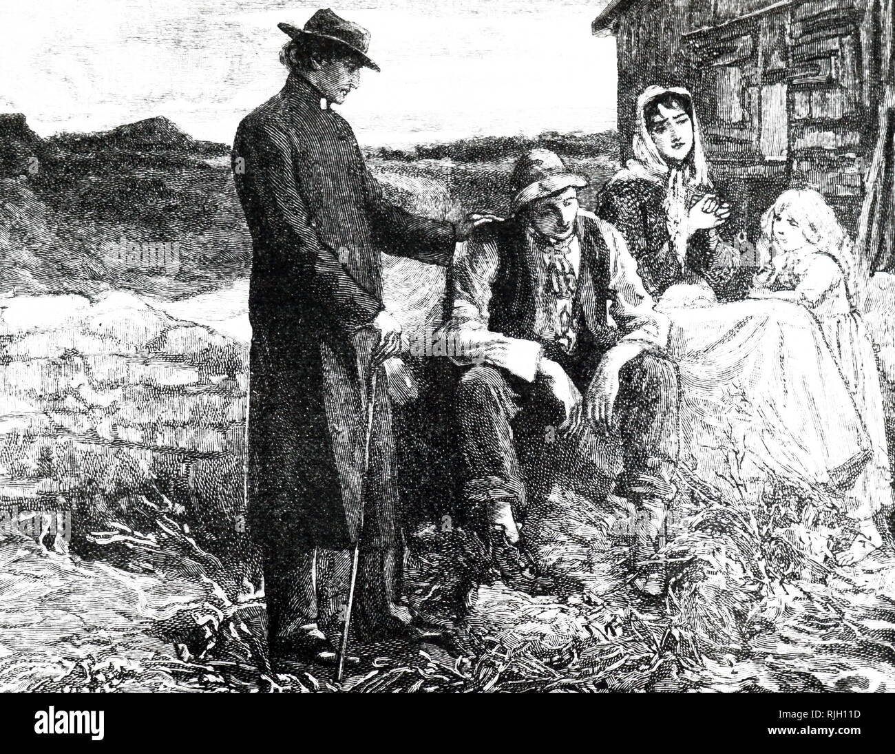 An engraving depicting Father Mathew (Theobald Mathew 1790-1856) comforting a starving family during the Irish potato famine of the 1840's. Father Mathew worked unceasingly to relieve the suffering during this time. Stock Photo