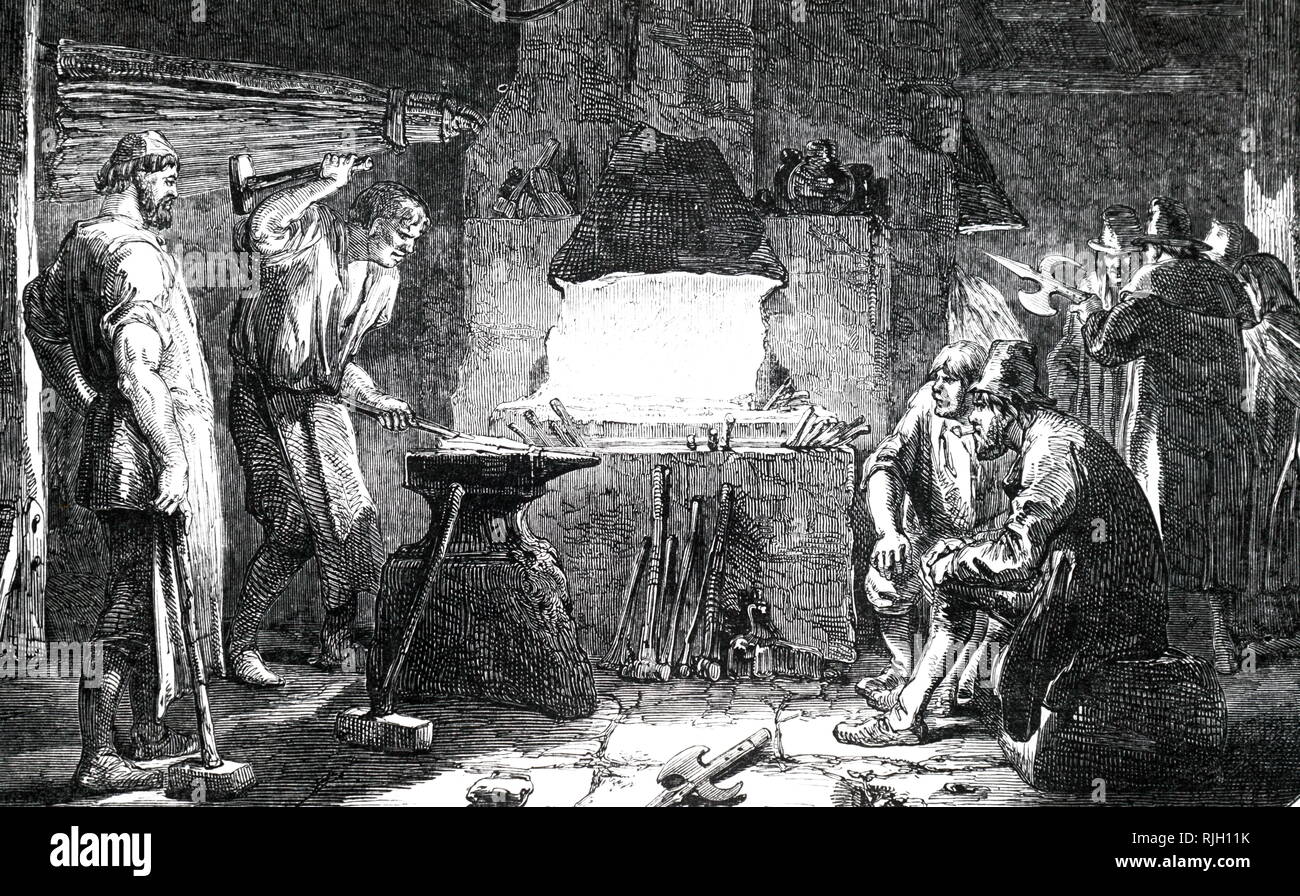 An engraving depicting the forging of pikes in a village smithy during unrest in Ireland. Dated 19th century Stock Photo