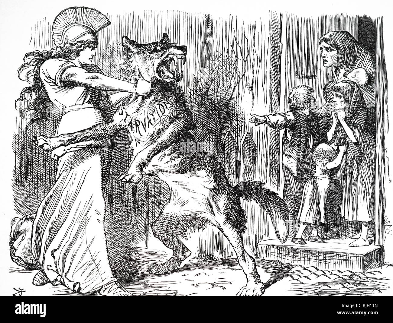 A cartoon depicting Britannia holding the wolf of starvation from the door of the Irish peasants. Illustrated by John Tenniel (1820-1914) an English illustrator, graphic humourist, and political cartoonist. Dated 19th century Stock Photo