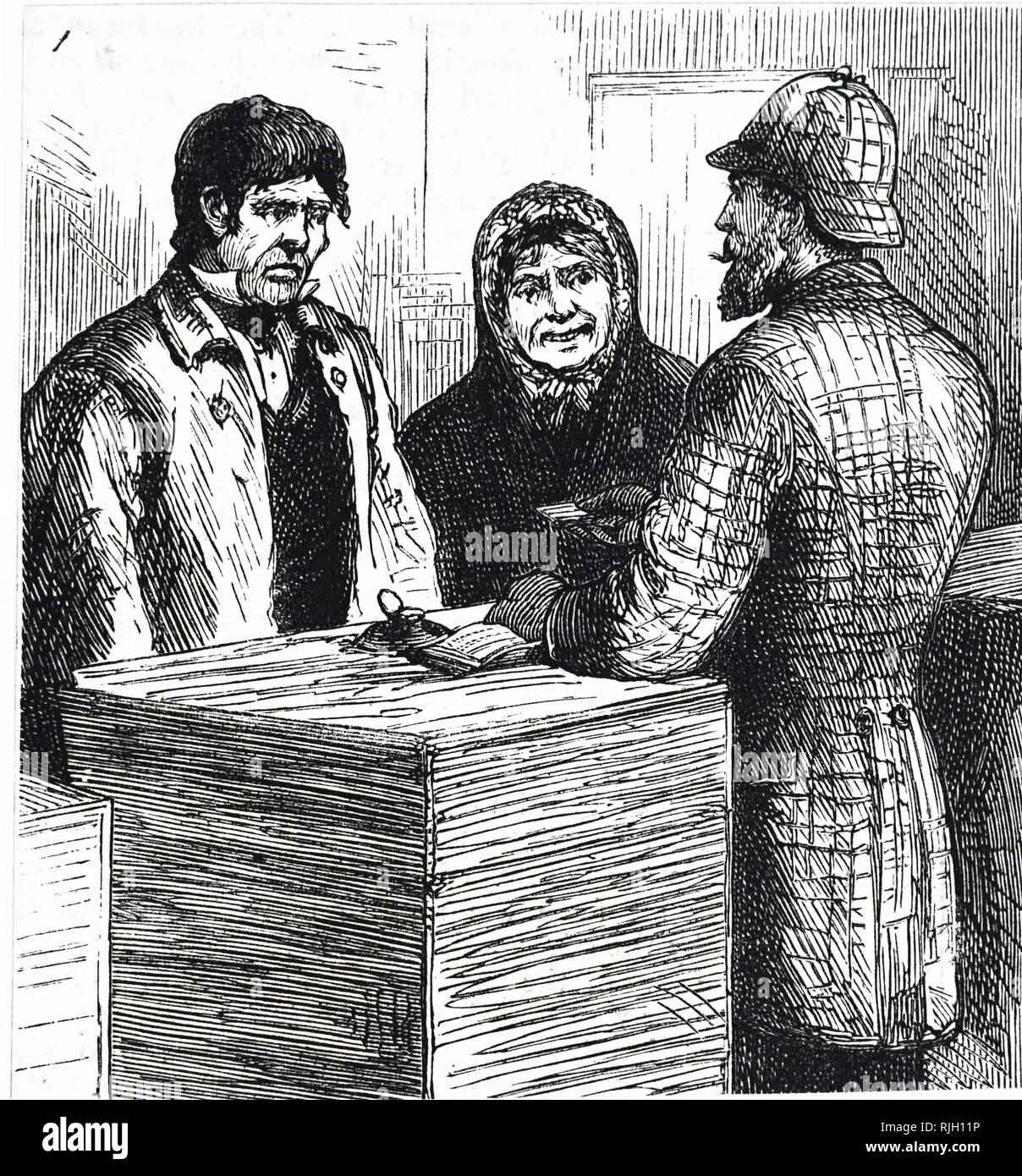 An engraving depicting a husband and wife applying for relief during the Irish Potato Famine. Dated 19th century Stock Photo