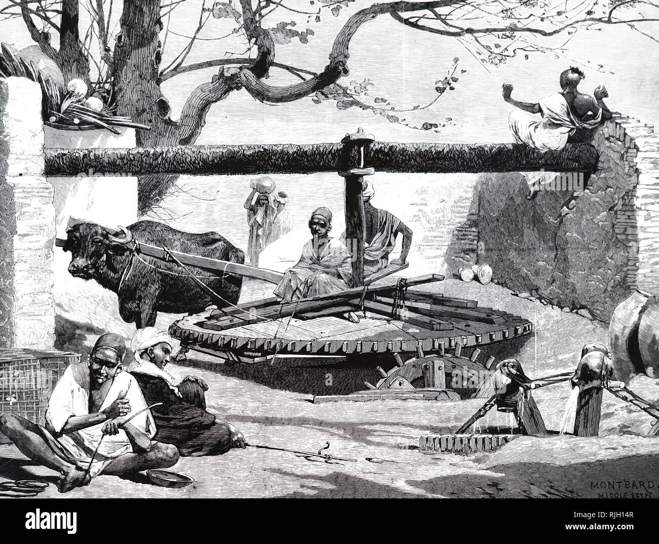 An engraving depicting a Persian Wheel in use in Egypt. Also known as a Sakia, it was a mechanical water lifting device which uses buckets, jars, or scoops fastened either directly to a vertical wheel, or to an endless belt activated by such a wheel. Dated 19th century Stock Photo