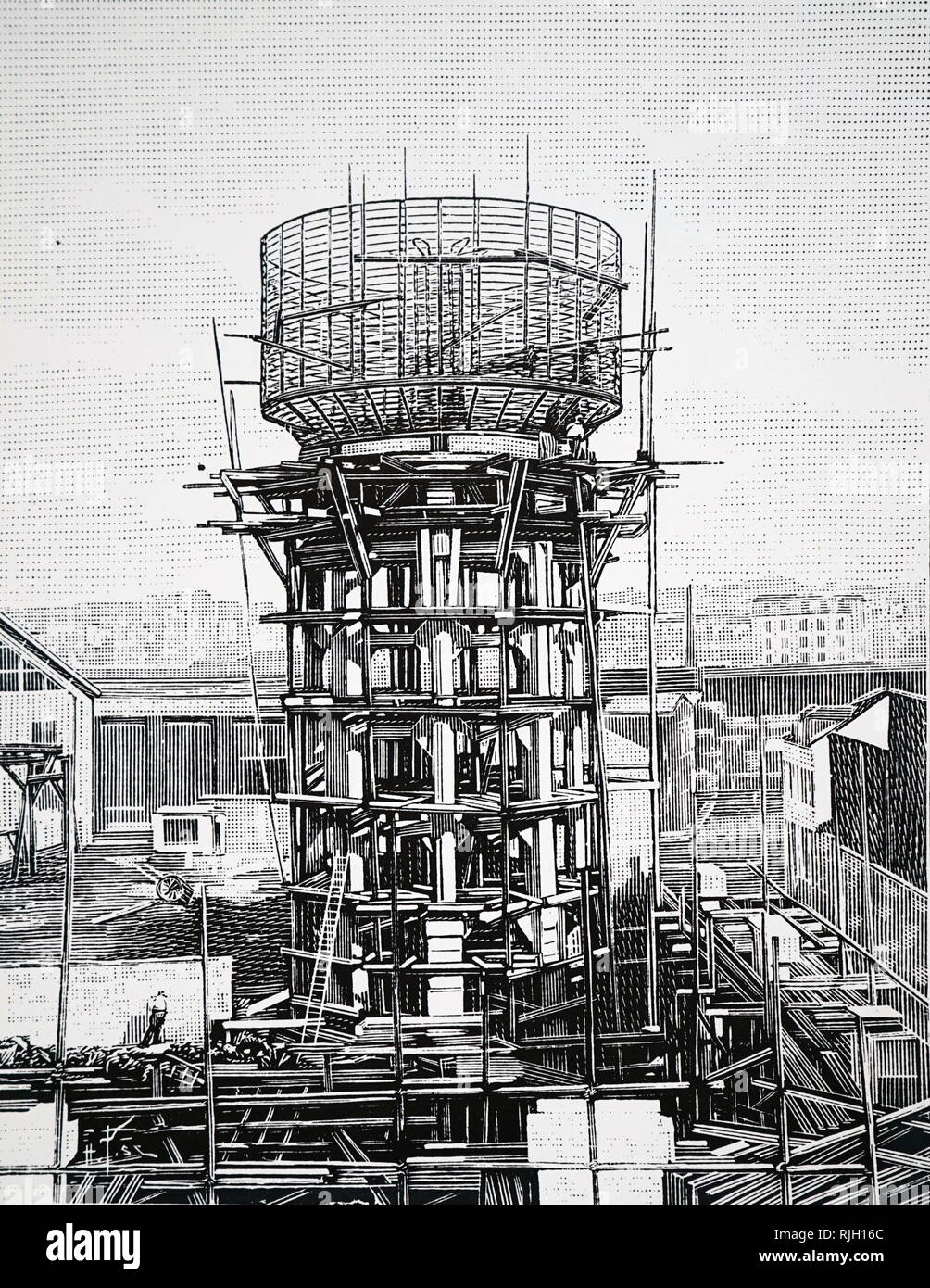 An engraving depicting a water tower reinforced with concrete. Dated 20th century Stock Photo