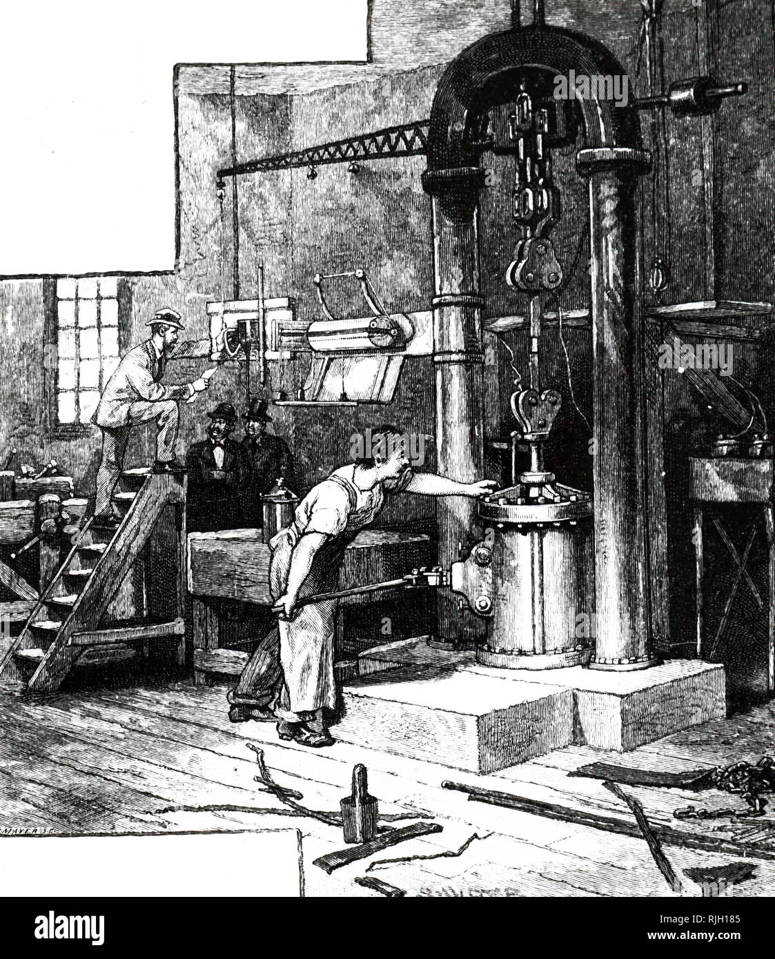 An engraving depicting the testing of the steel for anchorage in a