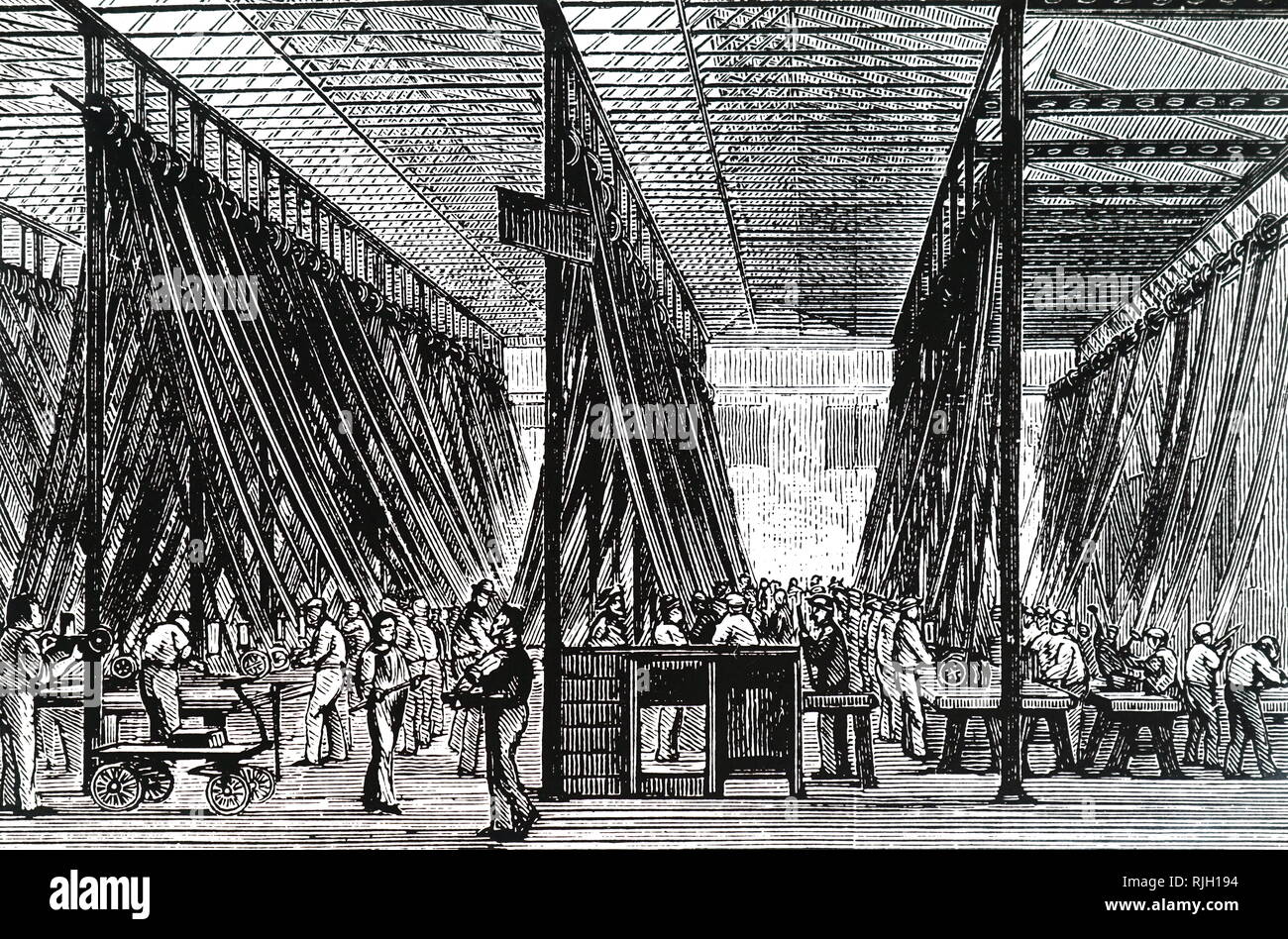 An engraving depicting the beltdriven machinery being used during the