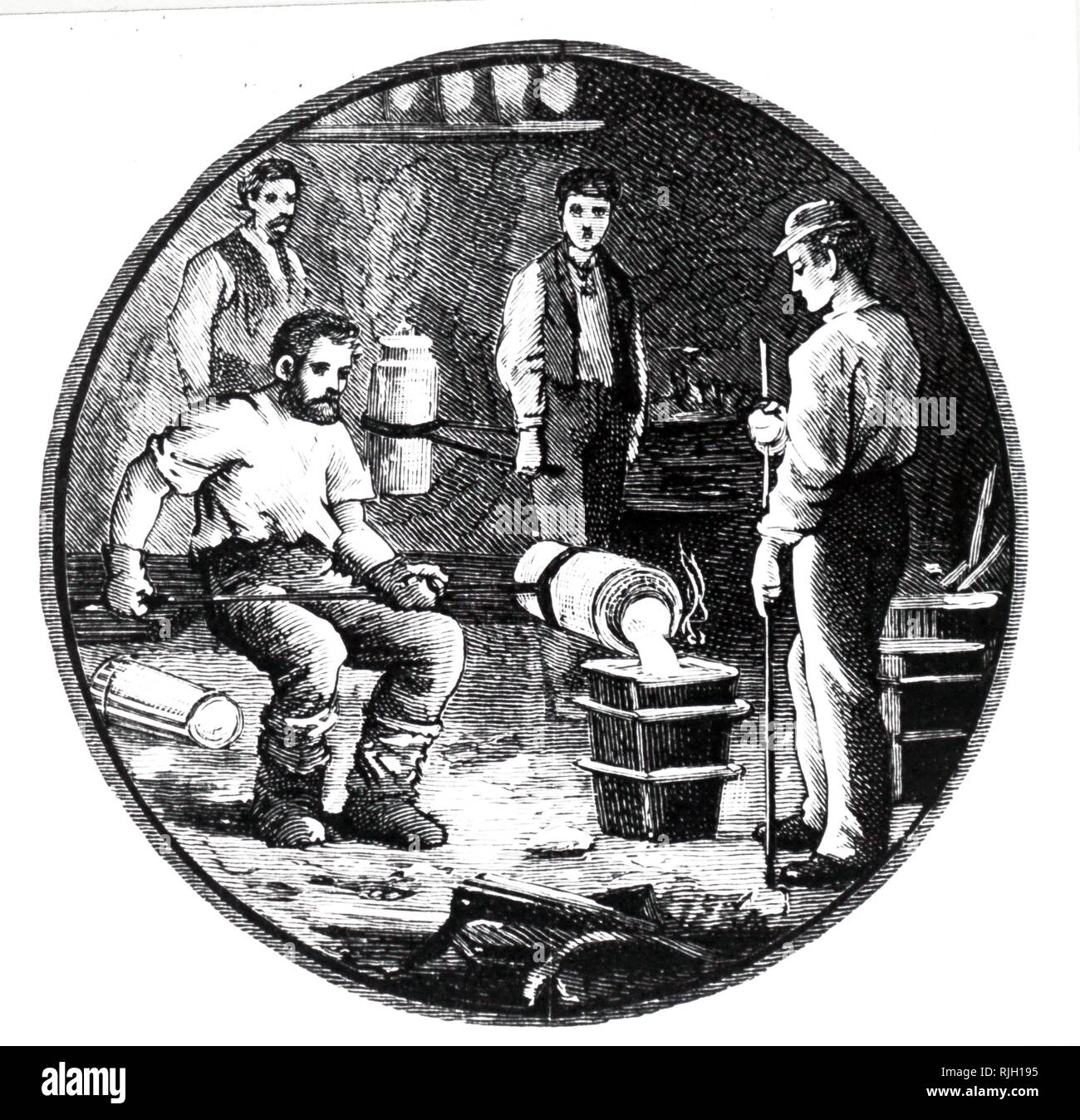 An engraving depicting the casting of crucible steel. To protect his legs and feet the man pouring the metal has wrapped them in damp sacking. Dated 19th century Stock Photo